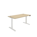 Height adjustable desk with wood-effect top and white frame on a white background