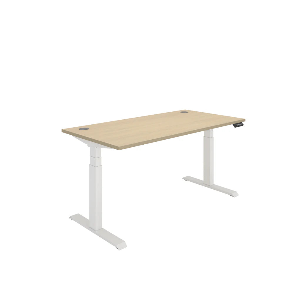 Height adjustable desk with wood-effect top and white frame on a white background