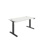 Height adjustable desk with white top and black frame on a white background