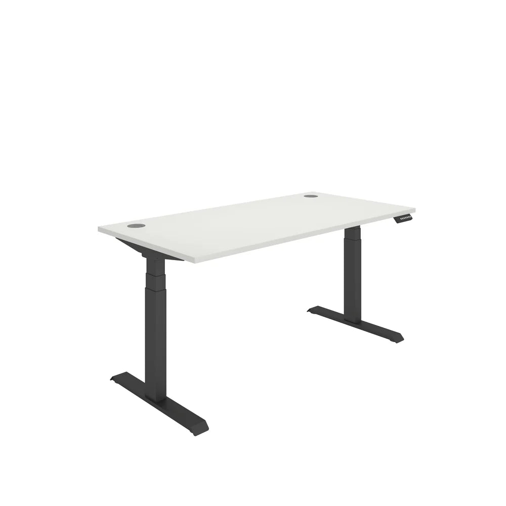 Height adjustable desk with white top and black frame on a white background