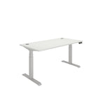 Height adjustable desk with white top and silver frame on a white background