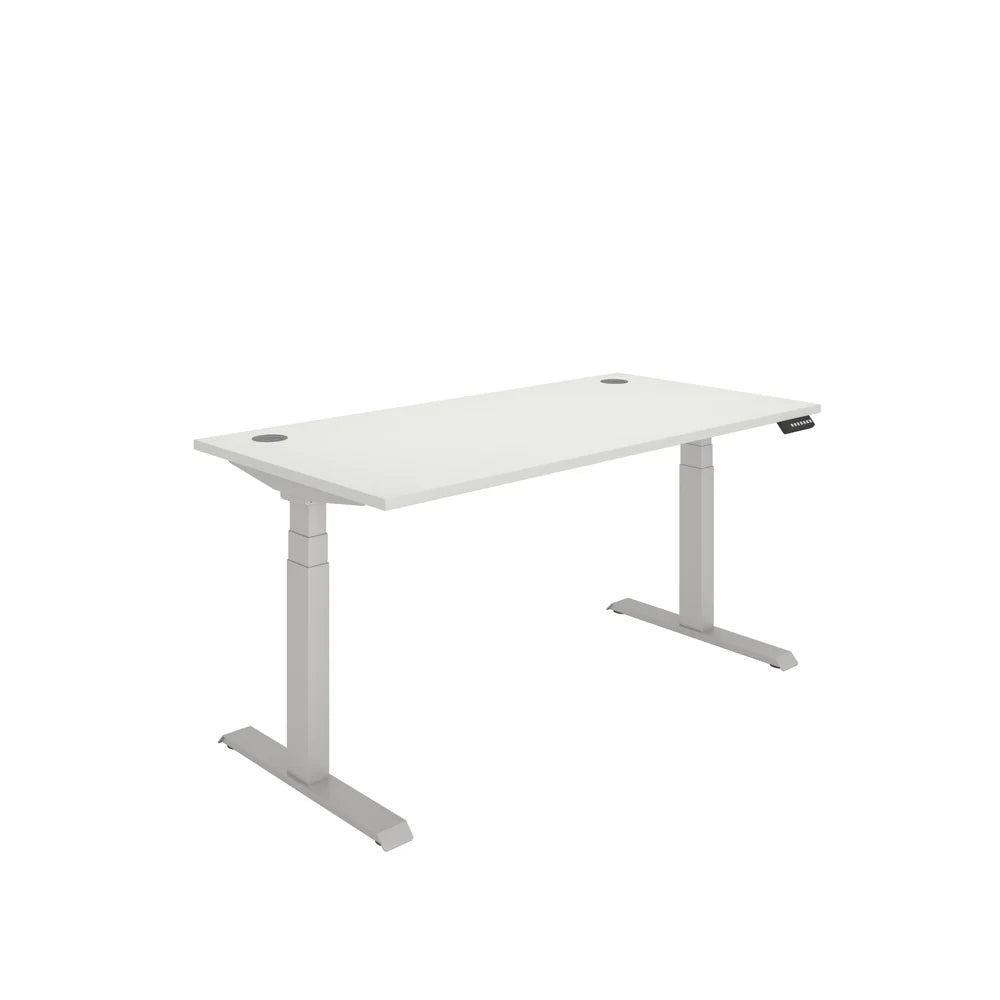 Height adjustable desk with white top and silver frame on a white background