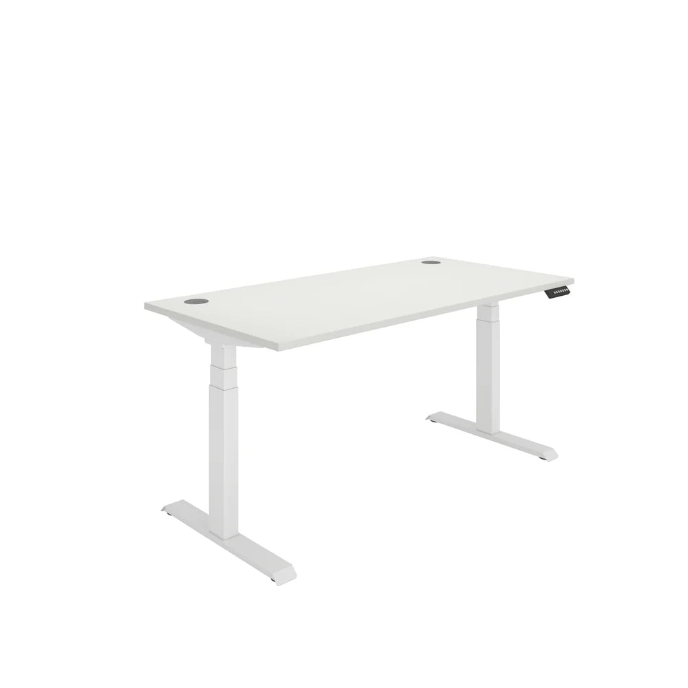 White height adjustable office desk on a white background