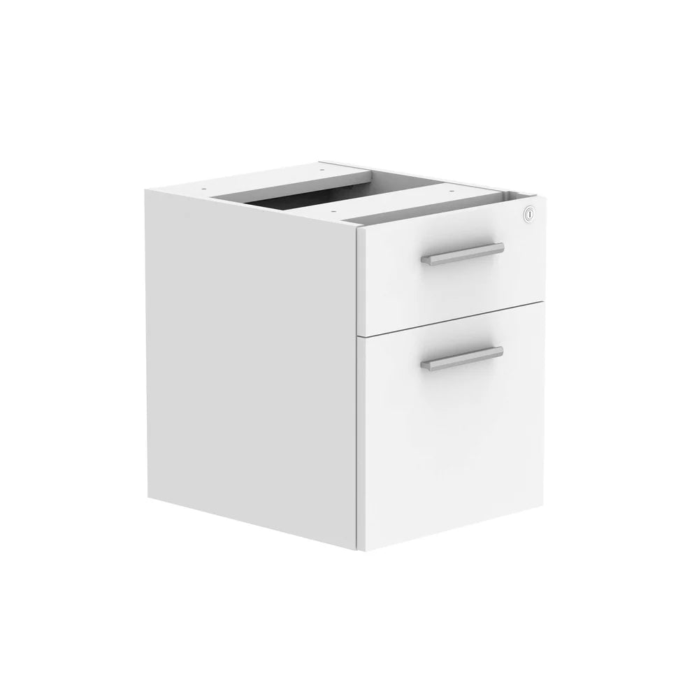 White fixed pedestal with two drawers on a white background