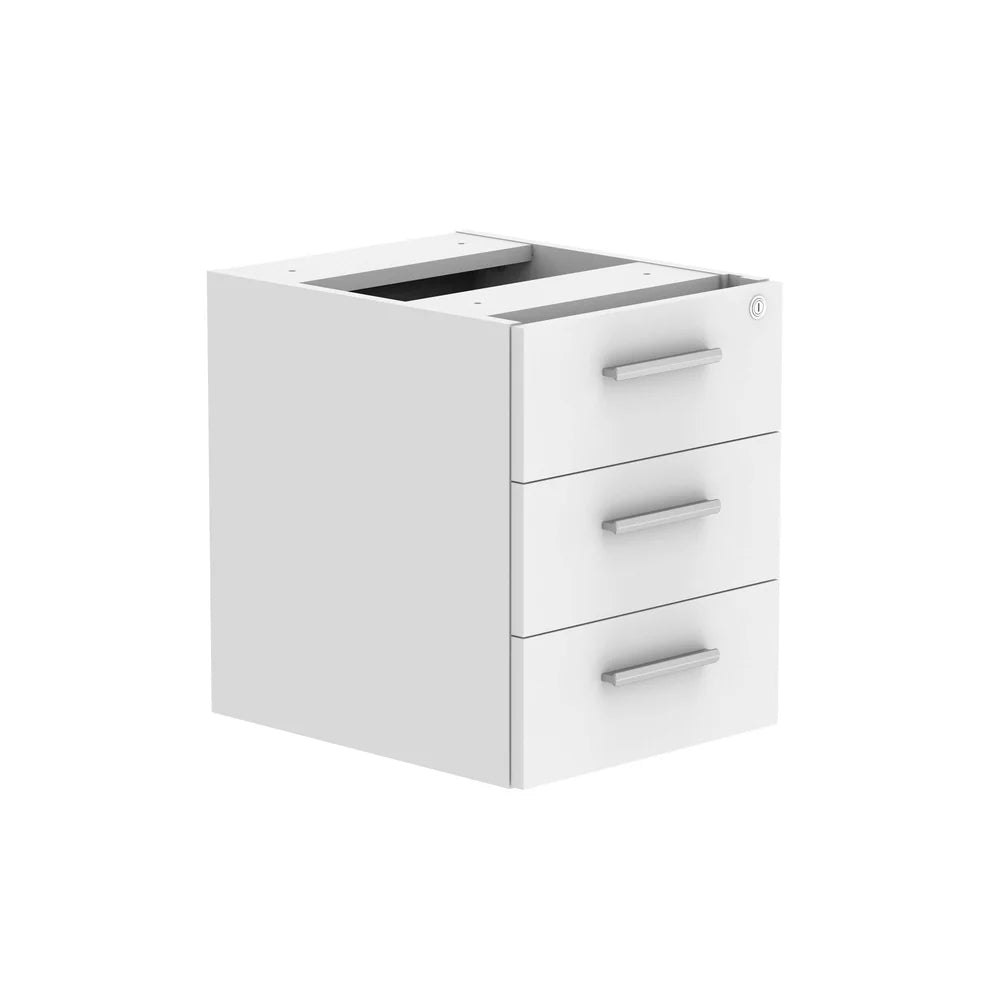 White fixed pedestal with three drawers on a white background