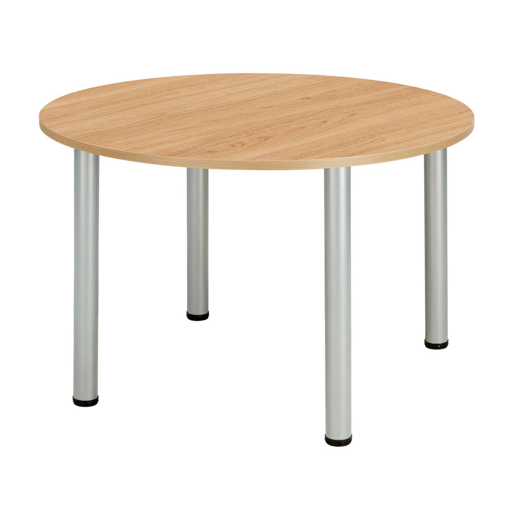 Round table with wood-effect top and metal legs on a white background