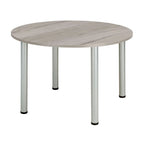 Round table with grey wood-effect top and metal legs on a white background