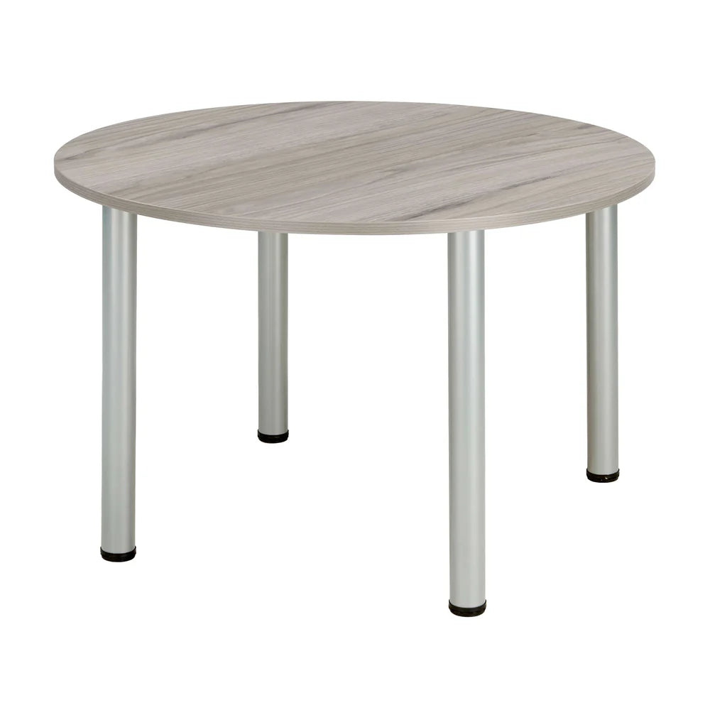 Round table with grey wood-effect top and metal legs on a white background