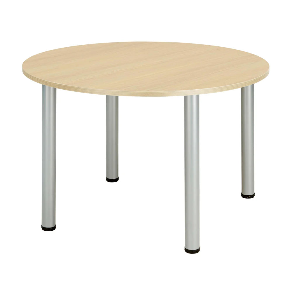 Round table with wood-effect top and metal legs on a white background