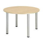 Round table with wood-effect top and metal legs on a white background