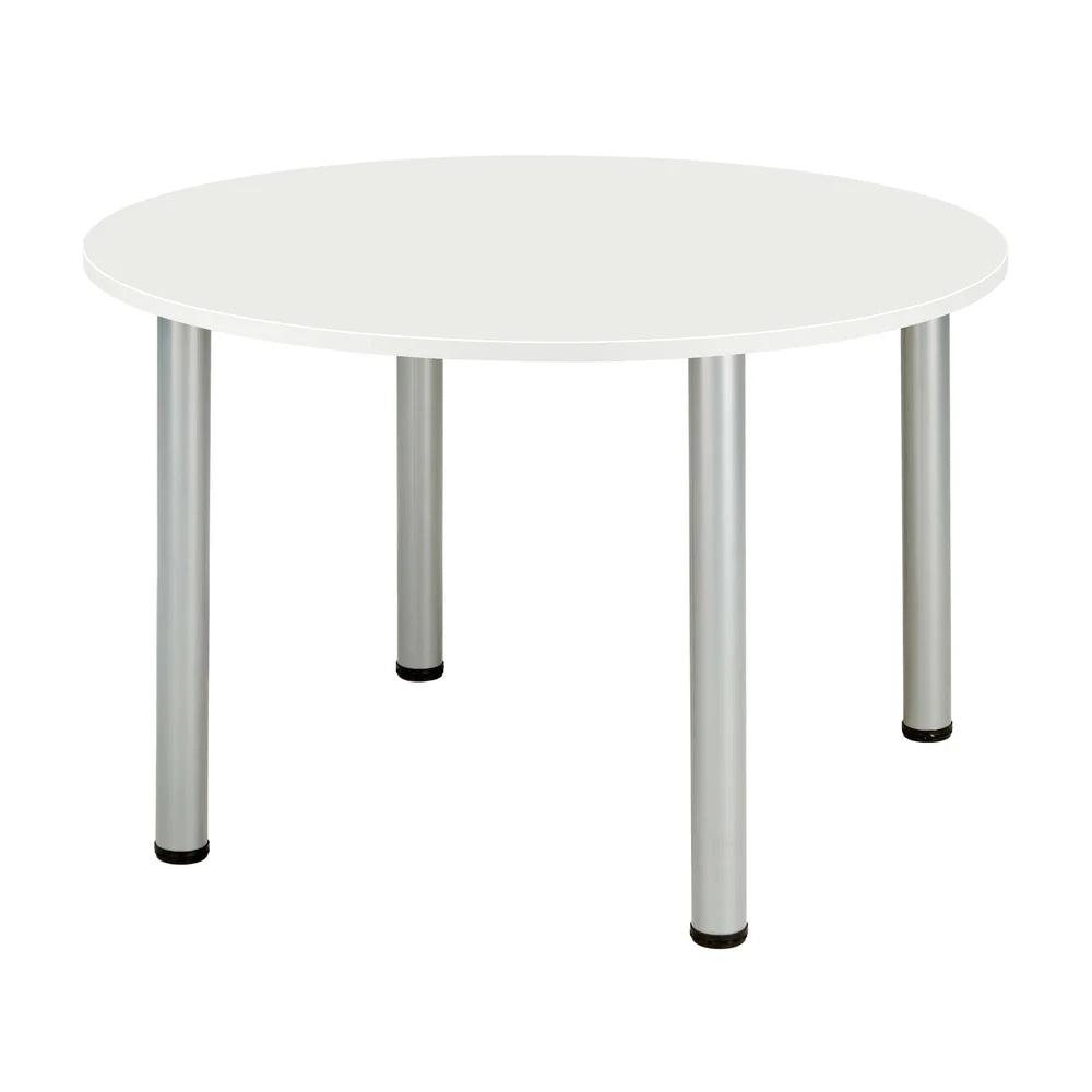Round table with white top and metal legs on a white background