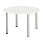 Round table with white top and metal legs on a white background