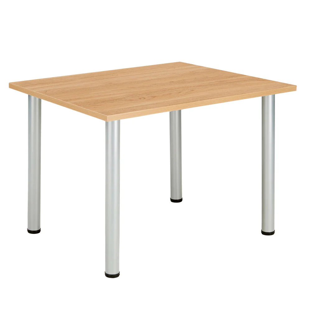 Rectangular table with wood-effect top and metal frame on a white background