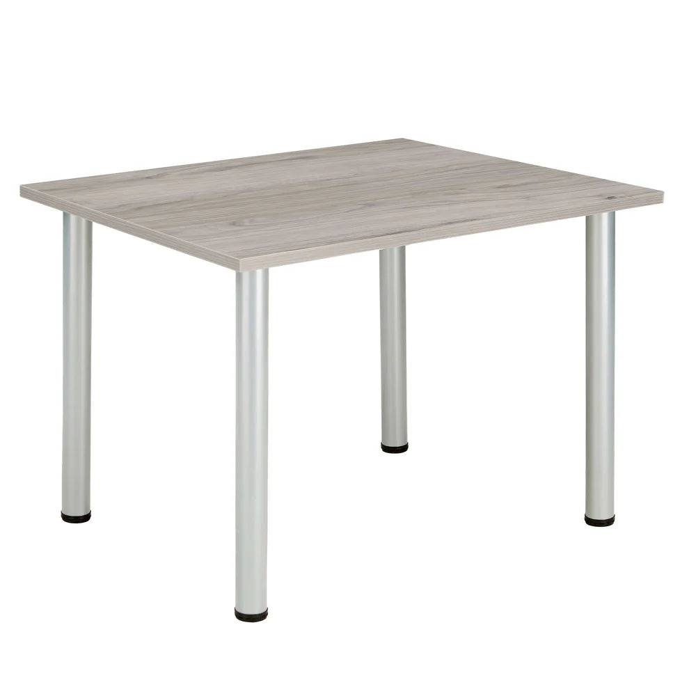 Rectangular table with grey wood-effect top and metal frame on a white background