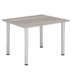 Rectangular table with grey wood-effect top and metal frame on a white background