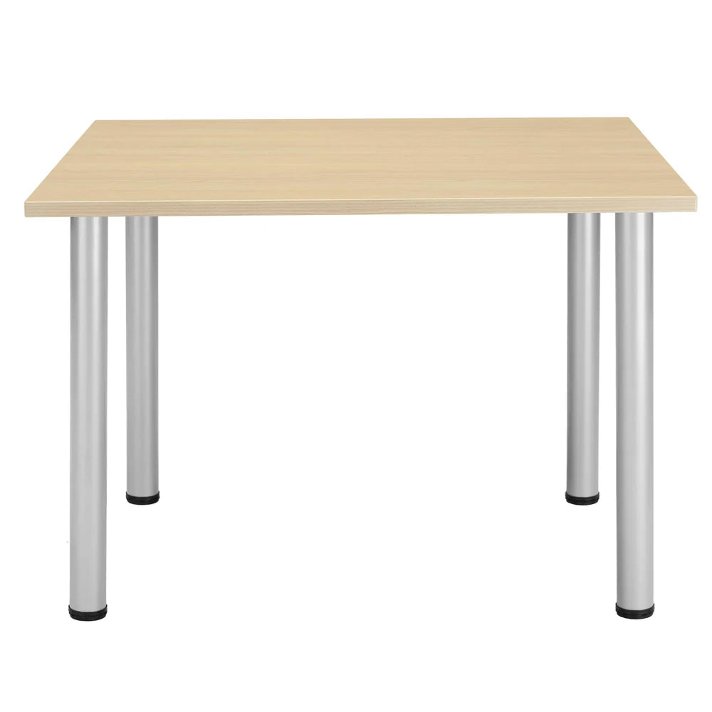 Rectangular table with wood-effect top and metal frame on a white background