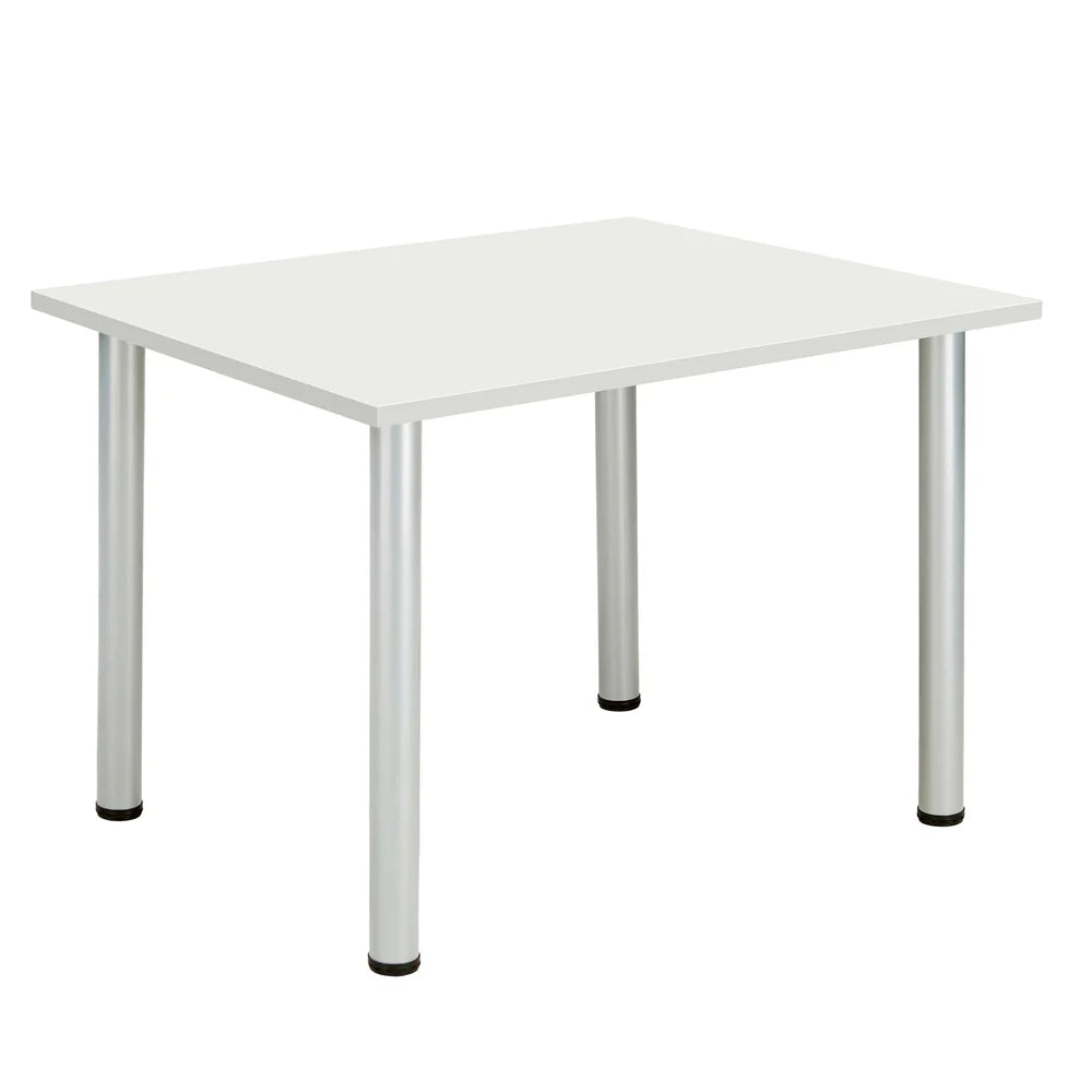 Rectangular table with white top and metal frame on a white background