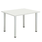 Rectangular table with white top and metal frame on a white background