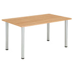 Rectangular table with wood-effect top and metal frame on a white background