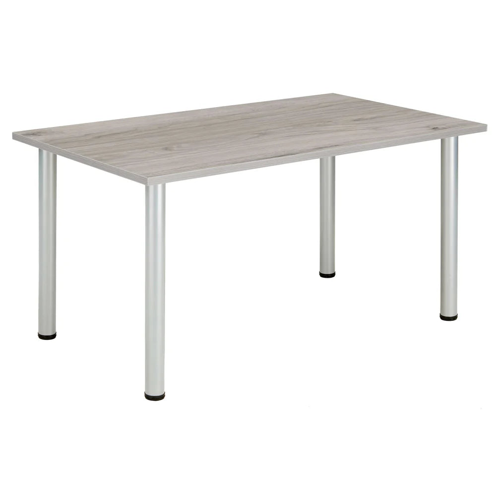 Rectangular table with grey wood-effect top and metal frame on a white background