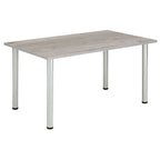 Rectangular table with grey wood-effect top and metal frame on a white background