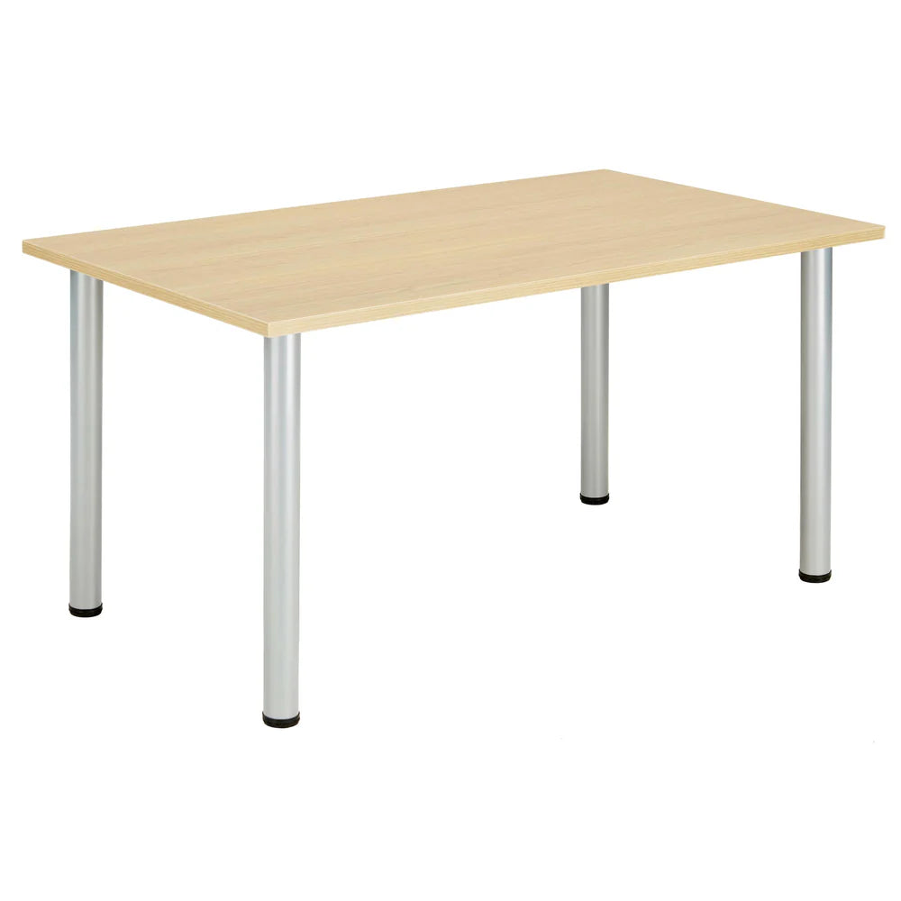 Rectangular table with wood-effect top and metal frame on a white background