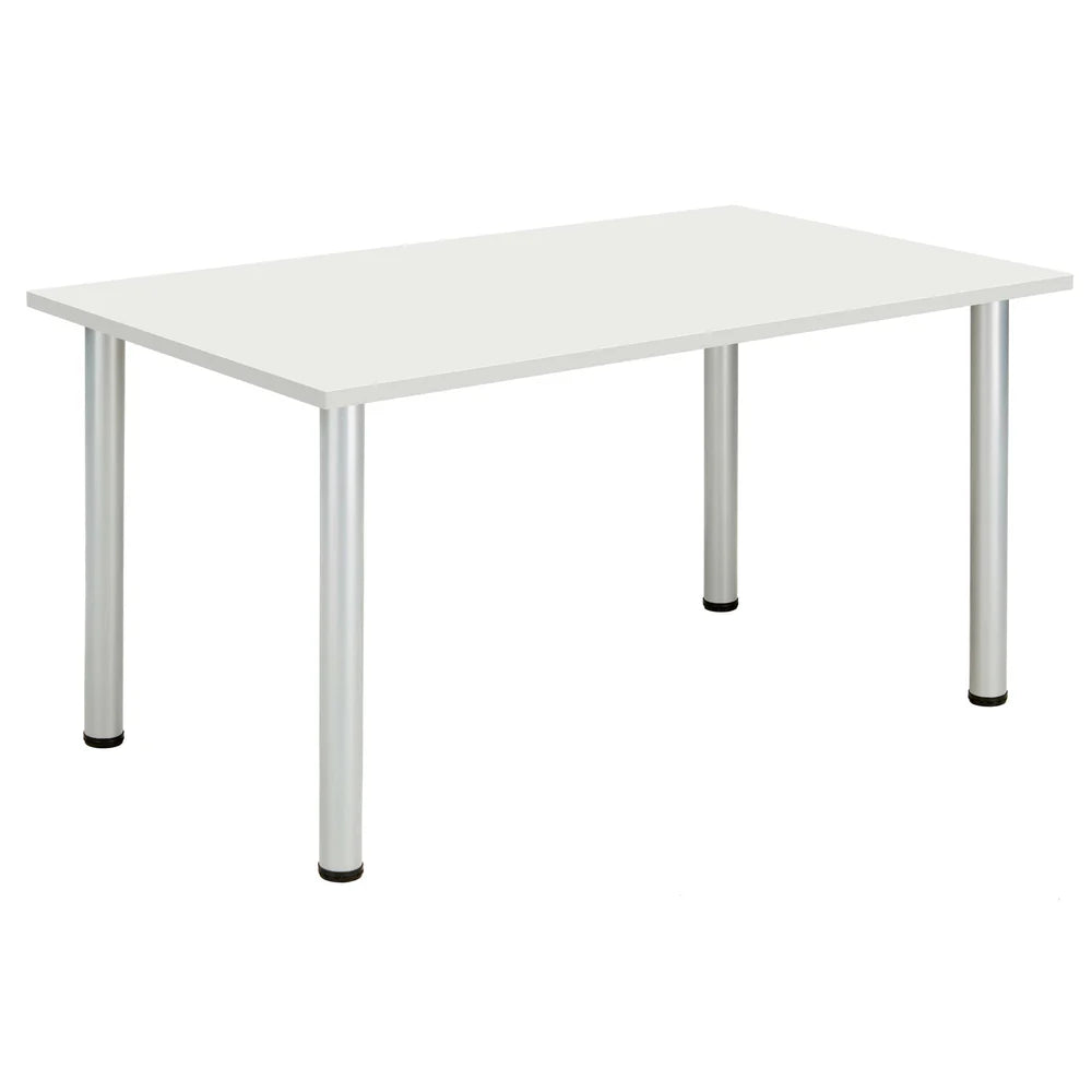 White rectangular table with metal legs on a white background