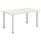 White rectangular table with metal legs on a white background