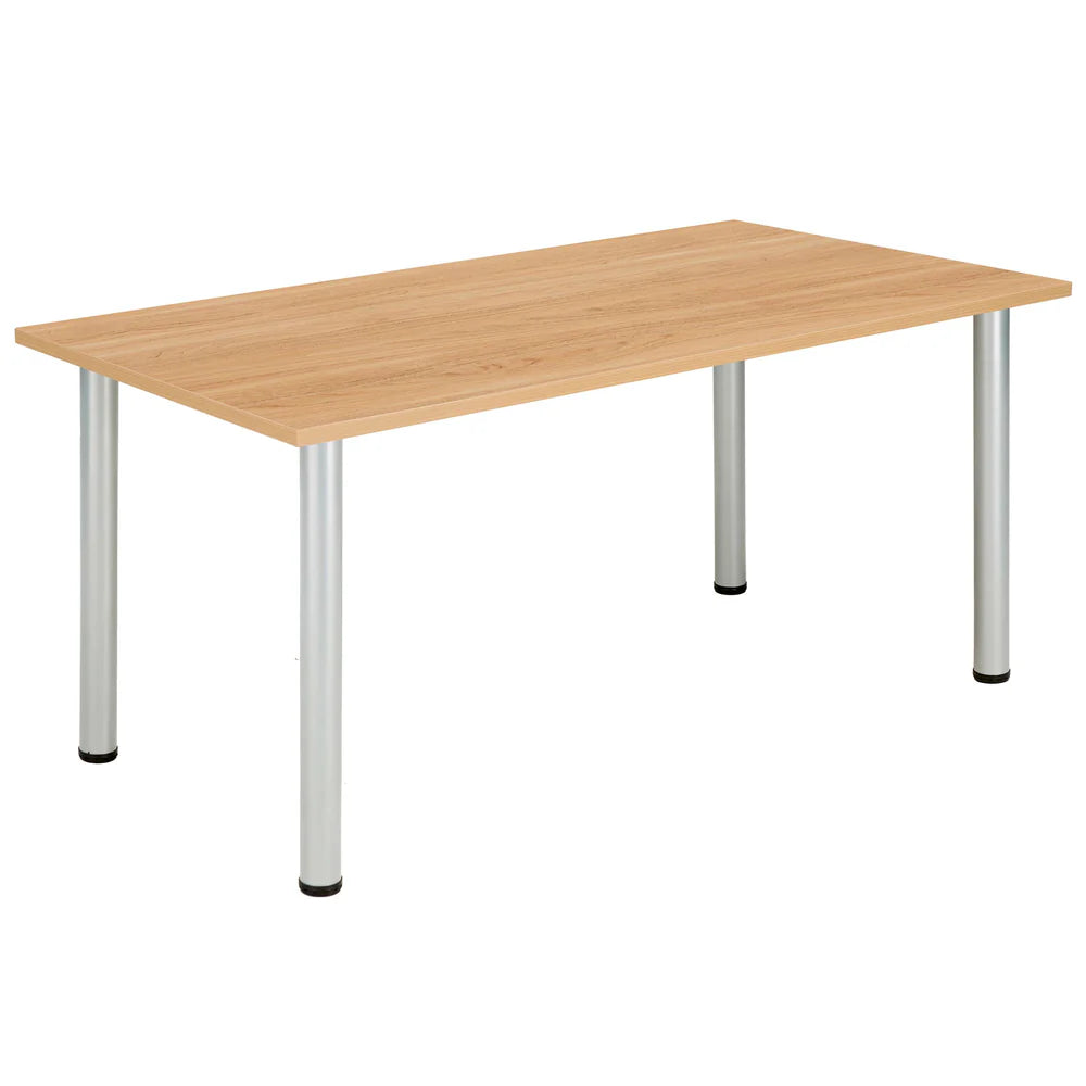 Rectangular table with wood-effect top and metal frame on a white background