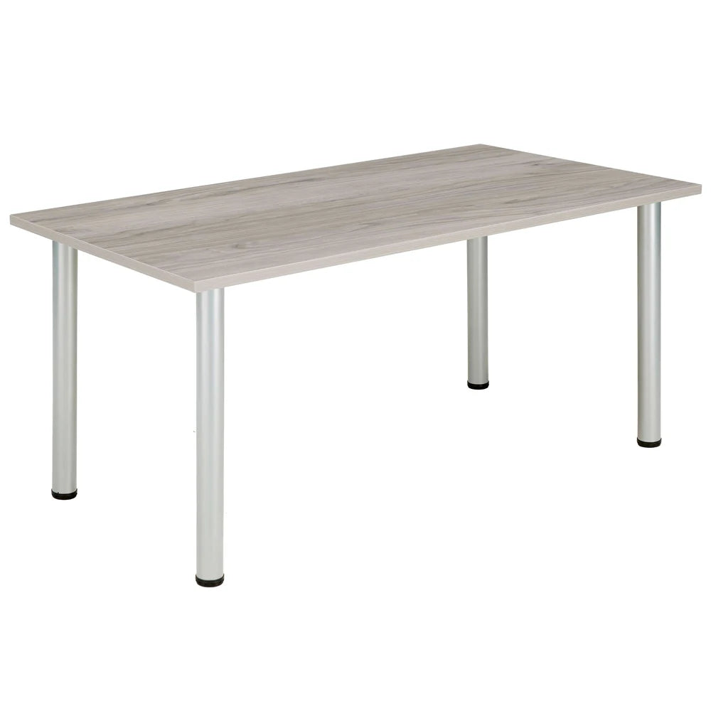 Rectangular table with grey wood-effect top and metal frame on a white background