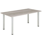 Rectangular table with grey wood-effect top and metal frame on a white background