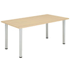 Rectangular table with wood-effect top and metal frame on a white background
