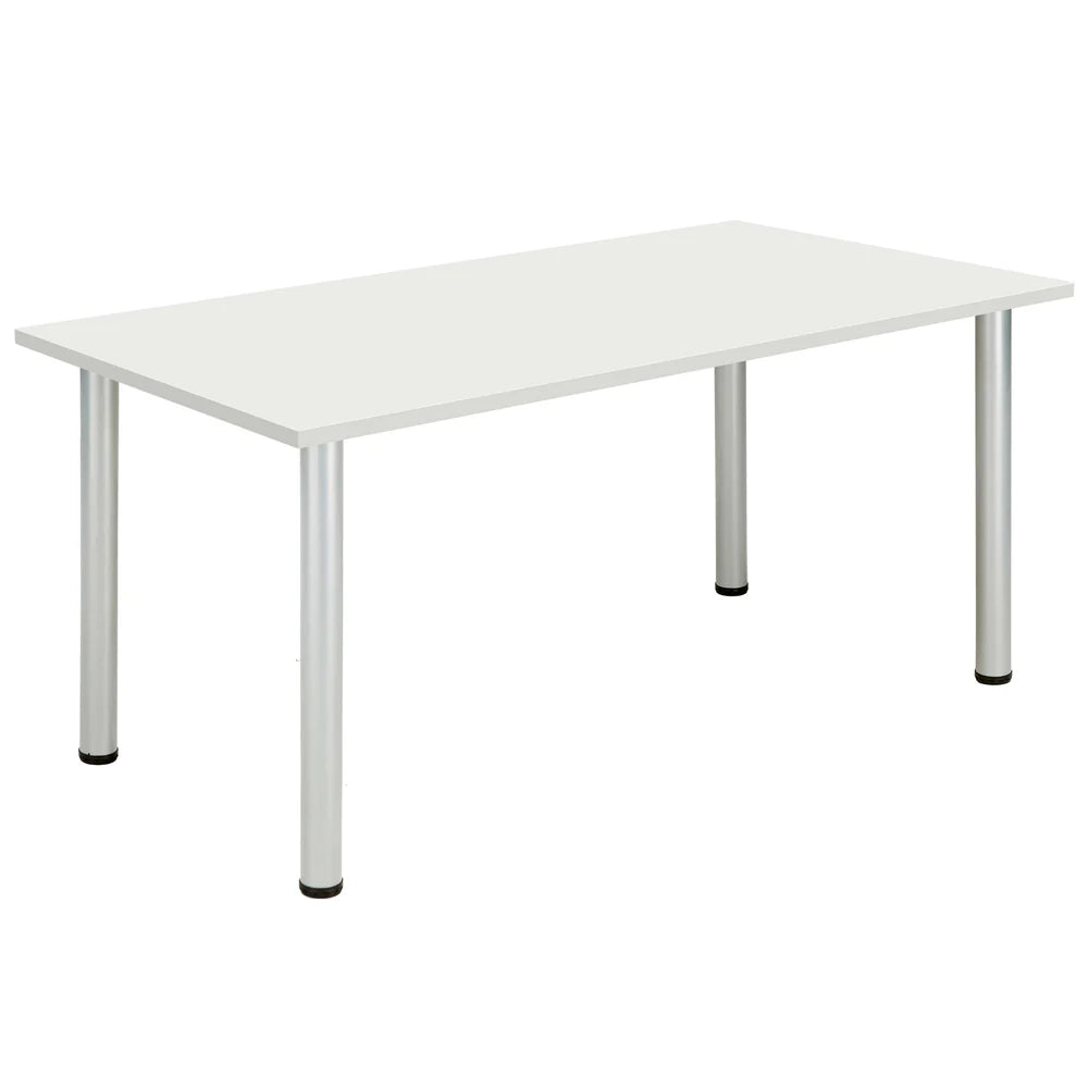 White rectangular table with metal legs on a white background