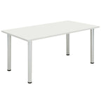 White rectangular table with metal legs on a white background