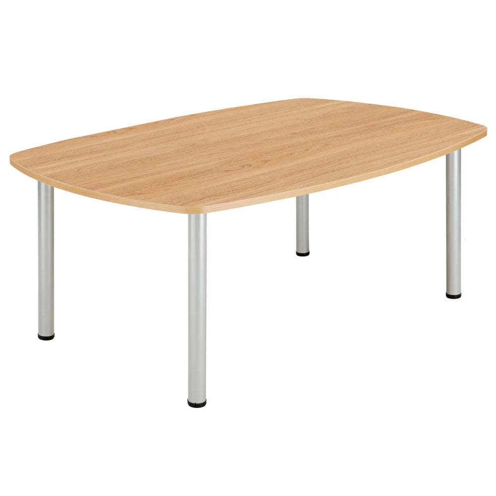 Conference table with wood-effect top and metal legs on a white background