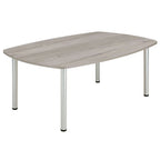 Conference table with grey wood-effect top and metal legs on a white background