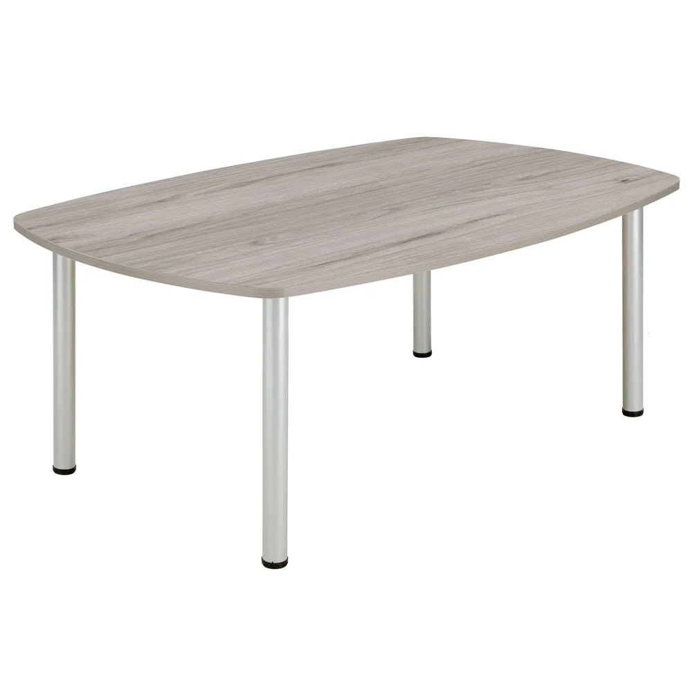 Conference table with grey wood-effect top and metal legs on a white background