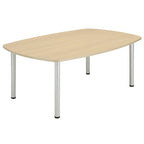 Conference table with wood-effect top and metal legs on a white background