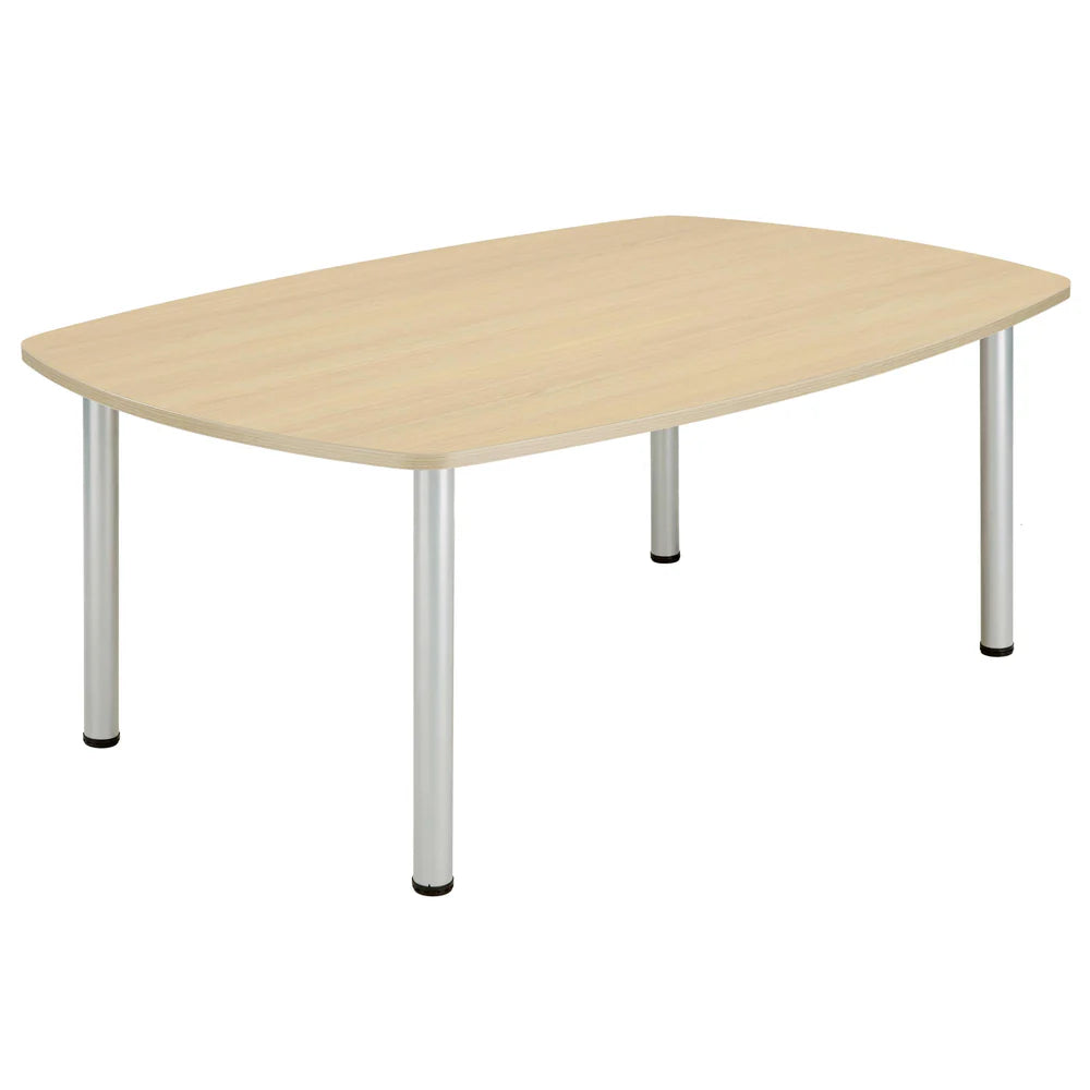 Conference table with wood-effect top and metal legs on a white background