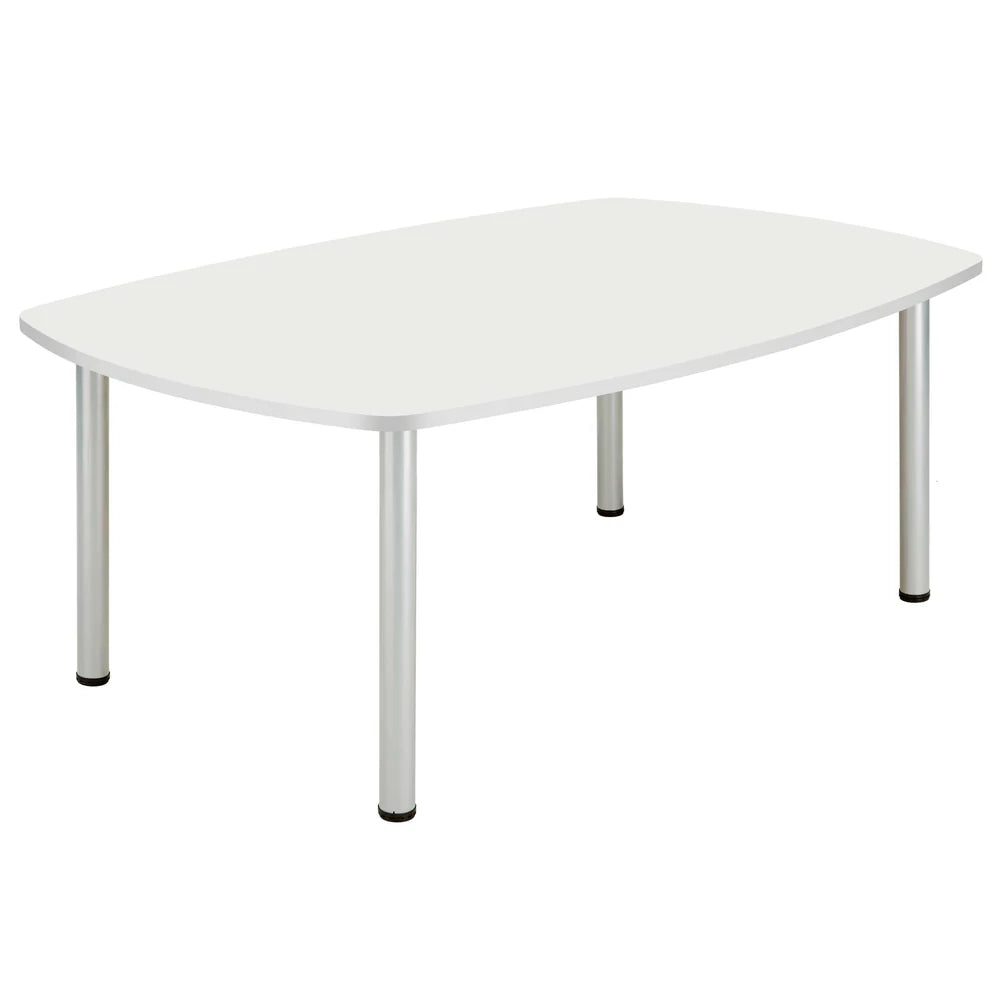 Conference table with white top and metal legs on a white background