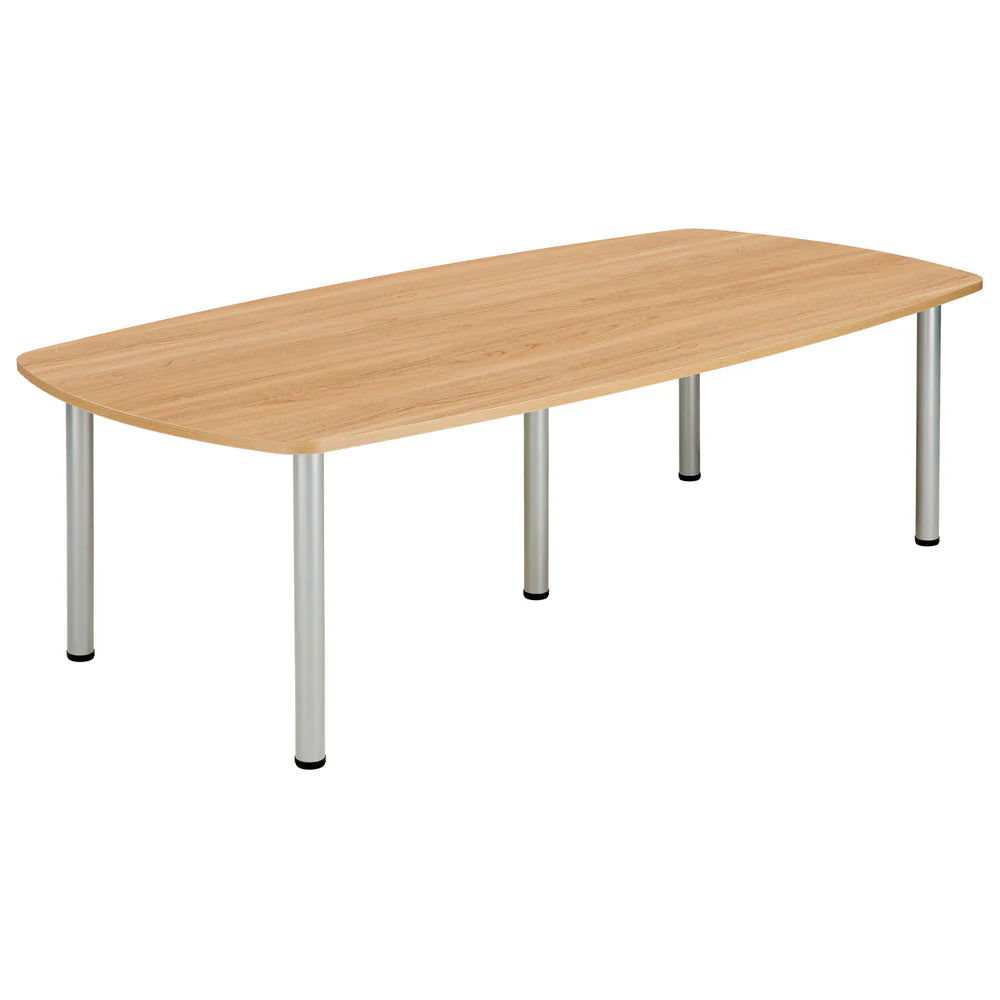 Conference table with wood-effect top and metal legs on a white background