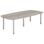 Conference table with grey wood-effect top and metal legs on a white background