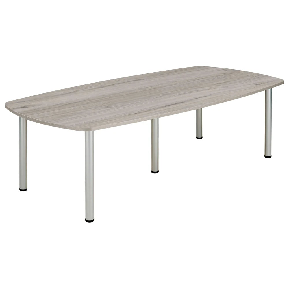 Conference table with grey wood-effect top and metal legs on a white background