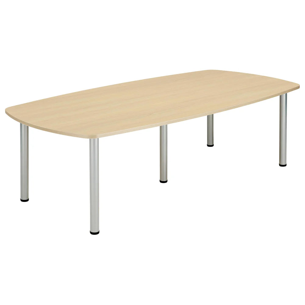 Conference table with wood-effect top and metal legs on a white background