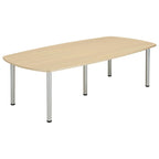 Conference table with wood-effect top and metal legs on a white background