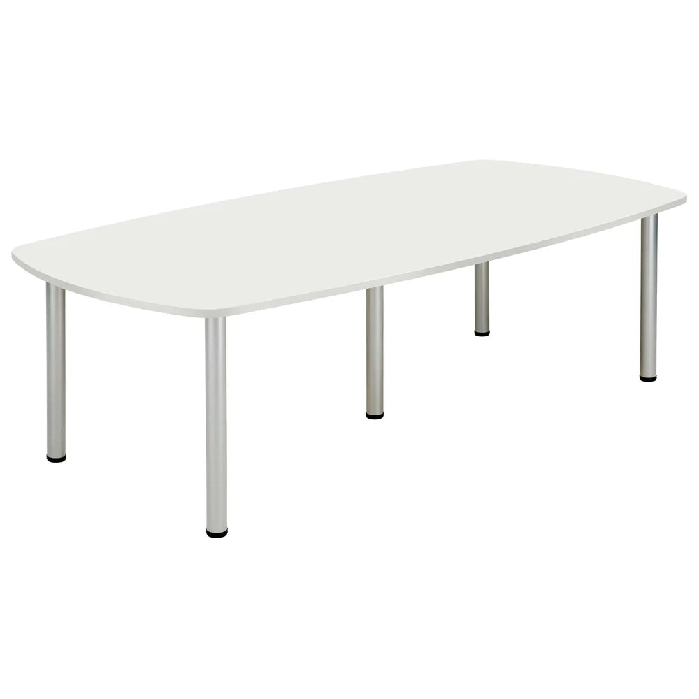 Conference table with white top and metal legs on a white background