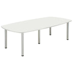Conference table with white top and metal legs on a white background