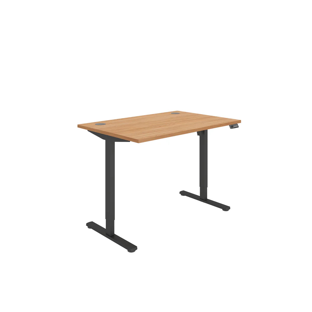 Height adjustable desk with wood-effect top and black frame on a white background