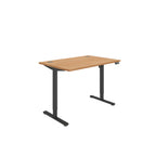 Height adjustable desk with wood-effect top and black frame on a white background