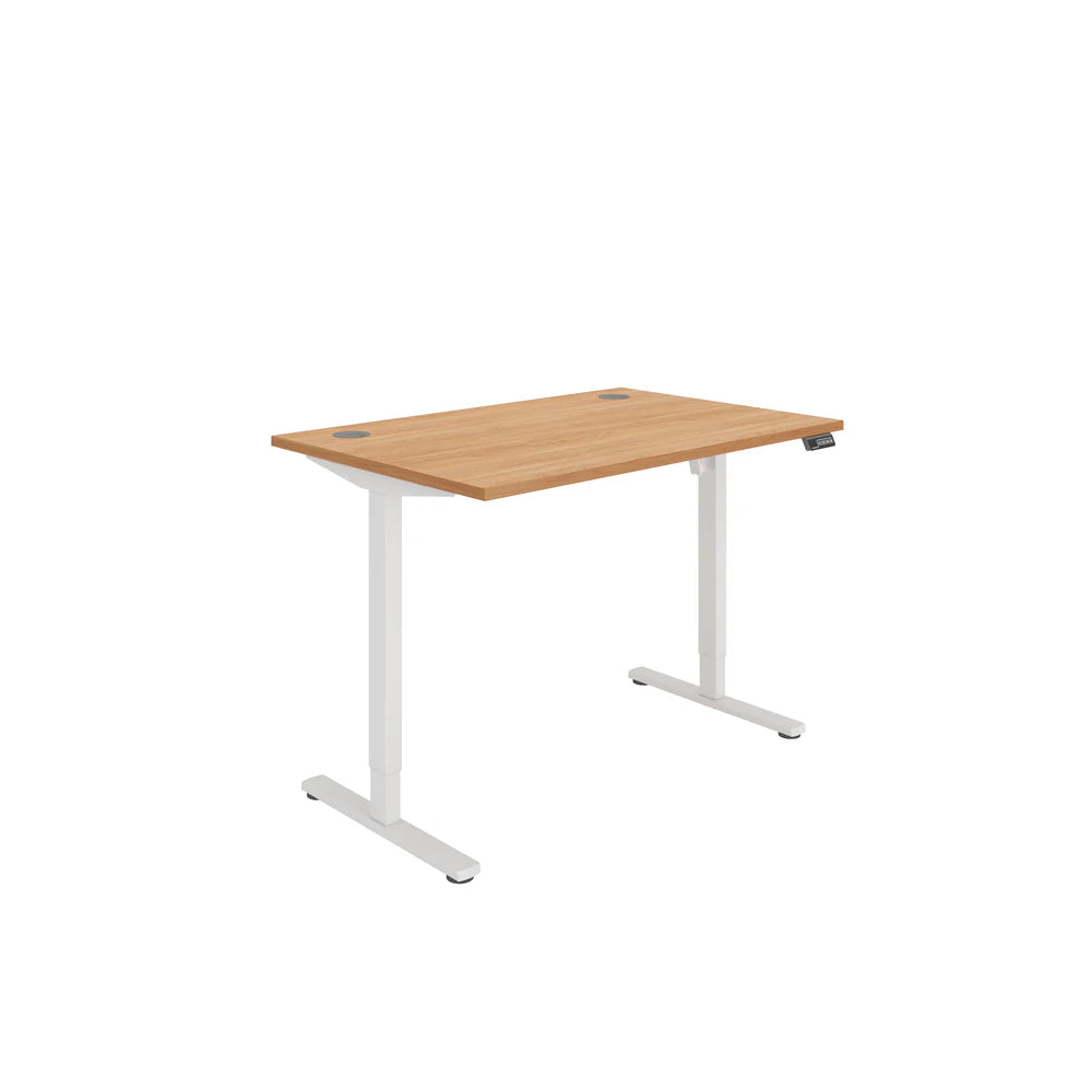 Height adjustable desk with wood-effect top and white frame on a white background